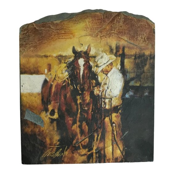Chris Owen Western Cowboy & Horse Art Print On Slate Tile 10 x 9.5 - Picture 3 of 7